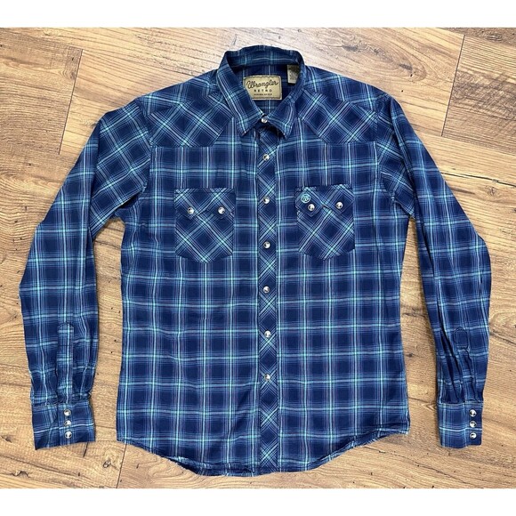 Wrangler Pearl Snap Shirt Mens M Blue Plaid Western Cowboy Sawtooth Pockets Yoke - Picture 1 of 10